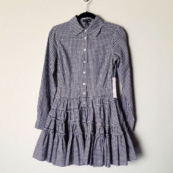 NWT Aqua S Gingham Shirt Dress Fit Flare Retro Tiered Ruffle Plaid Long Sleeve - Picture 1 of 10